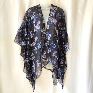 NWOT Kimono Beach Cover Up Sheer Blue Floral Print Size OS Summer Duster